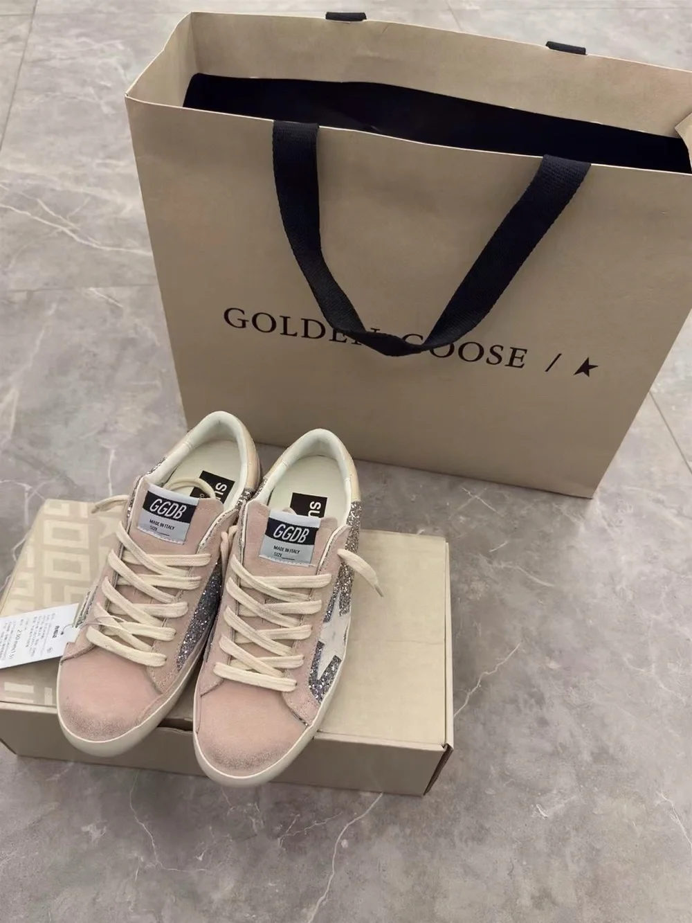Golden Goose Pink Suede Sneakers with Silver Glitter Star